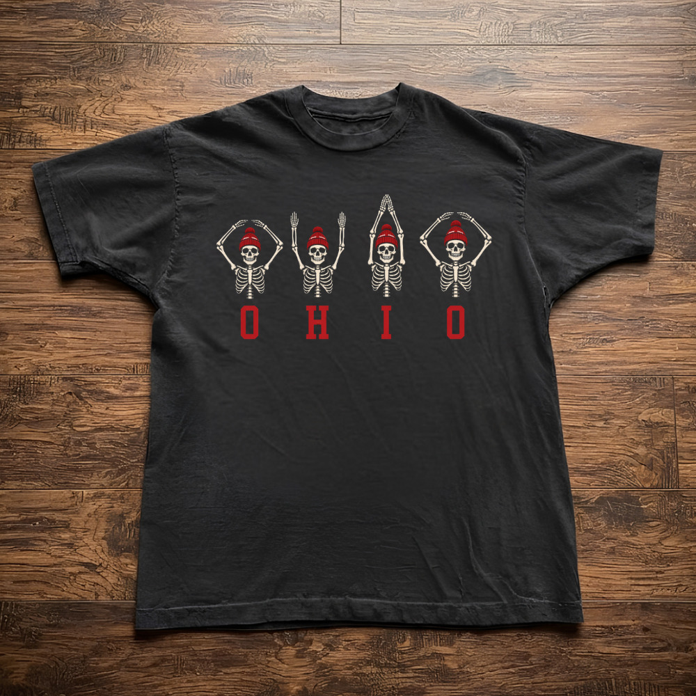 Ohio Skeletons Red Beanie Forming Letters Vintage Black T-Shirt